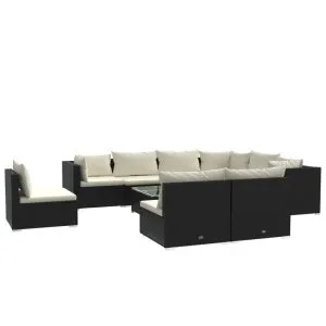 Set mobilier de grădină cu perne, 10 piese, negru, poliratan