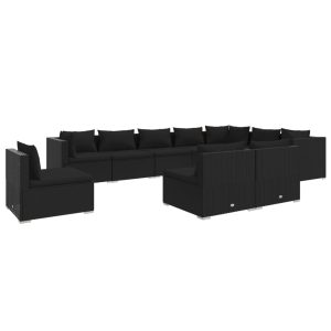 Set mobilier de grădină cu perne, 10 piese, negru, poliratan