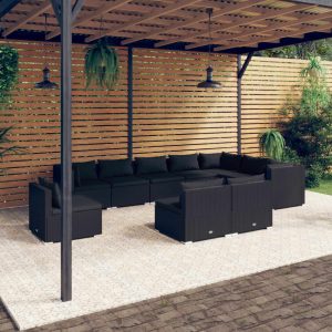 Set mobilier de grădină cu perne, 10 piese, negru, poliratan
