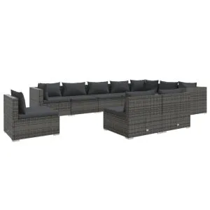Set mobilier de grădină cu perne, 10 piese, gri, poliratan