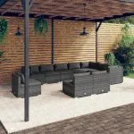 Set mobilier de grădină cu perne, 10 piese, gri, poliratan