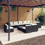 Set mobilier de grădină cu perne, 11 piese, negru, poliratan