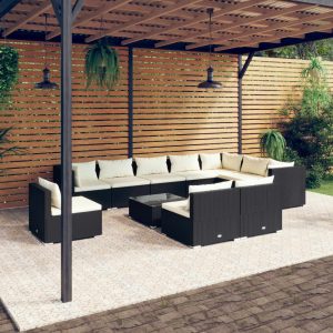 Set mobilier de grădină cu perne, 11 piese, negru, poliratan