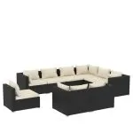 Set mobilier de grădină cu perne, 9 piese, negru, poliratan