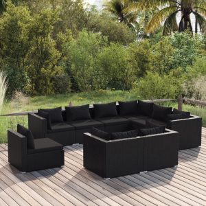 Set mobilier de grădină cu perne, 9 piese, negru, poliratan