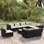 Set mobilier de grădină cu perne, 10 piese, negru, poliratan