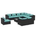 Set mobilier de grădină cu perne, 10 piese, negru, poliratan