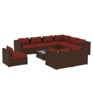 Set mobilier de grădină cu perne, 10 piese, maro, poliratan