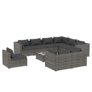 Set mobilier de grădină cu perne, 10 piese, gri, poliratan