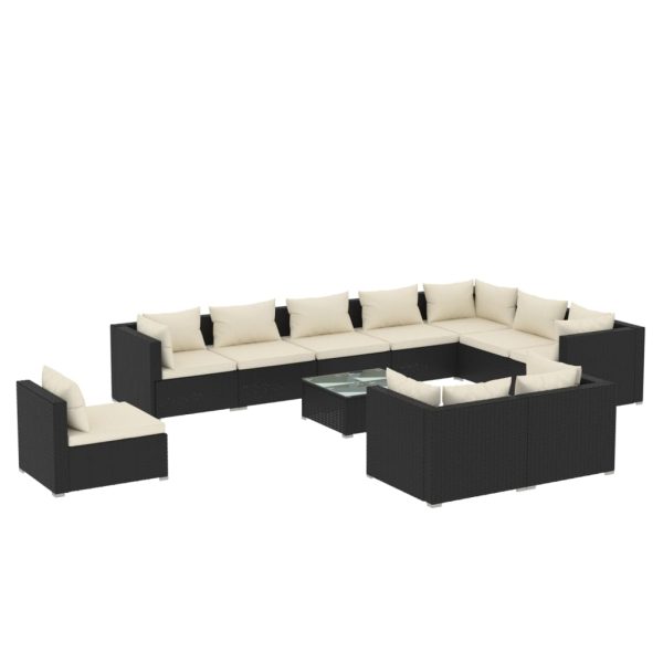Set mobilier de grădină cu perne, 11 piese, negru, poliratan