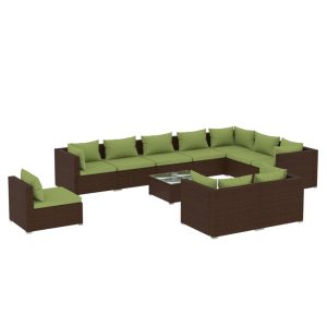Set mobilier de grădină cu perne, 11 piese, maro, poliratan