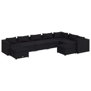 Set mobilier de grădină cu perne, 9 piese, negru, poliratan