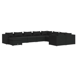 Set mobilier de grădină cu perne, 10 piese, negru, poliratan