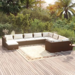 Set mobilier de grădină cu perne, 10 piese, maro, poliratan