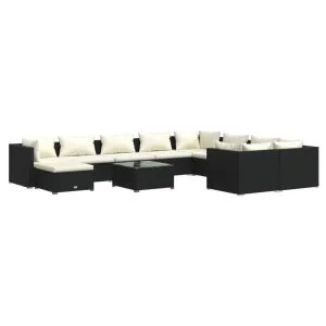 Set mobilier de grădină cu perne, 11 piese, negru, poliratan