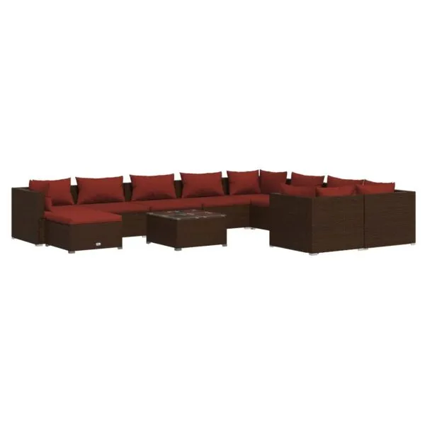 Set mobilier de grădină cu perne, 11 piese, maro, poliratan