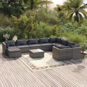 Set mobilier de grădină cu perne, 11 piese, gri, poliratan