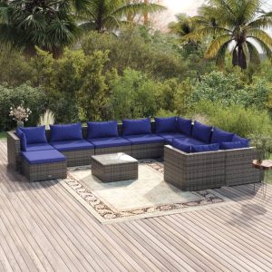 Set mobilier de grădină cu perne, 11 piese, gri, poliratan