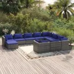 Set mobilier de grădină cu perne, 11 piese, gri, poliratan