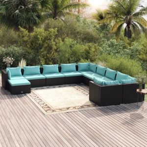 Set mobilier de grădină cu perne, 11 piese, negru, poliratan