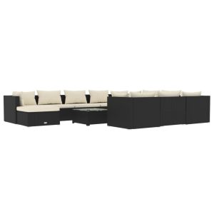 Set mobilier de grădină cu perne, 12 piese, negru, poliratan