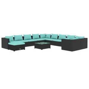Set mobilier de grădină cu perne, 12 piese, negru, poliratan
