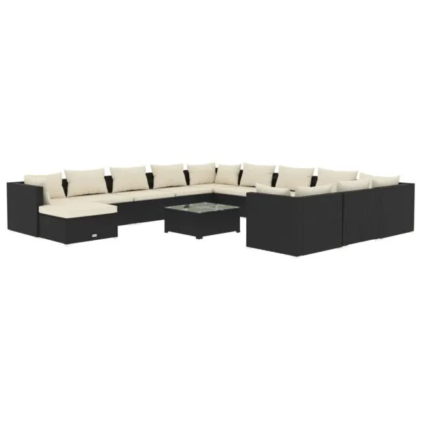 Set mobilier de grădină cu perne, 13 piese, negru, poliratan