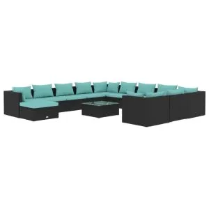 Set mobilier de grădină cu perne, 13 piese, negru, poliratan