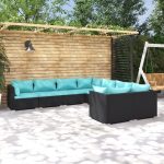Set mobilier de grădină cu perne, 8 piese, negru, poliratan