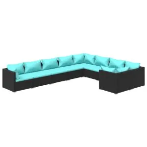 Set mobilier de grădină cu perne, 9 piese, negru, poliratan