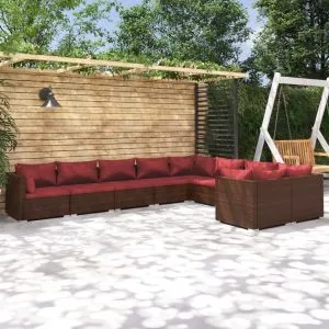 Set mobilier de grădină cu perne, 9 piese, maro, poliratan