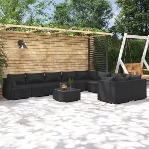Set mobilier de grădină cu perne, 10 piese, negru, poliratan