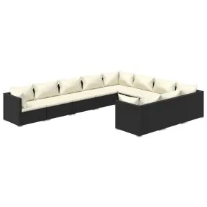 Set mobilier de grădină cu perne, 10 piese, negru, poliratan