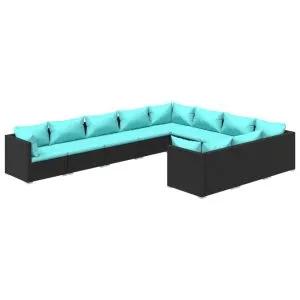 Set mobilier de grădină cu perne, 10 piese, negru, poliratan