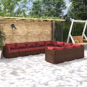 Set mobilier de grădină cu perne, 10 piese, maro, poliratan