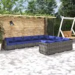 Set mobilier de grădină cu perne, 10 piese, gri, poliratan