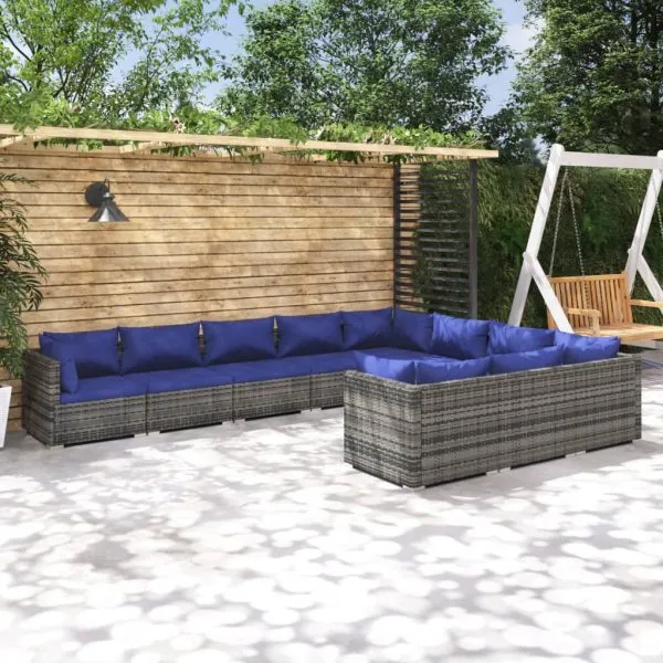 Set mobilier de grădină cu perne, 10 piese, gri, poliratan