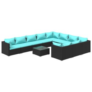 Set mobilier de grădină cu perne, 11 piese, negru, poliratan