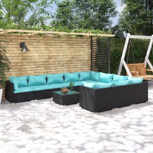 Set mobilier de grădină cu perne, 11 piese, negru, poliratan