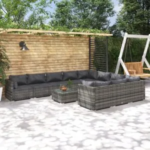 Set mobilier de grădină cu perne, 11 piese, gri, poliratan