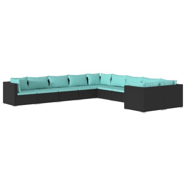 Set mobilier de grădină cu perne, 10 piese, negru, poliratan