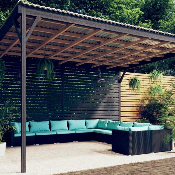 Set mobilier de grădină cu perne, 10 piese, negru, poliratan