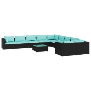 Set mobilier de grădină cu perne, 11 piese, negru, poliratan