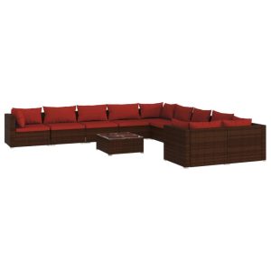 Set mobilier de grădină cu perne, 11 piese, maro, poliratan
