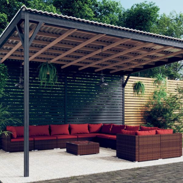 Set mobilier de grădină cu perne, 11 piese, maro, poliratan