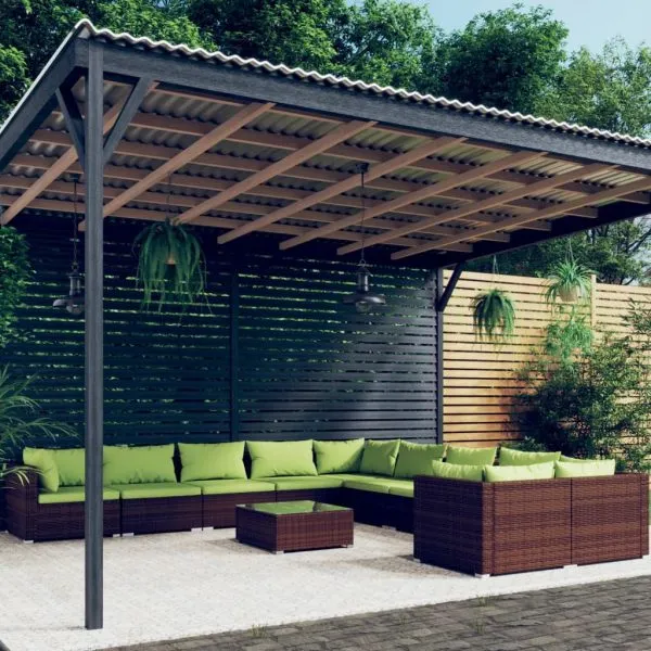 Set mobilier de grădină cu perne, 11 piese, maro, poliratan
