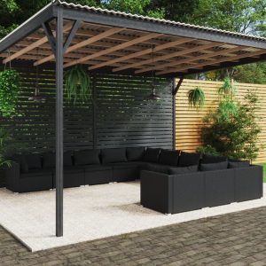 Set mobilier de grădină cu perne, 11 piese, negru, poliratan