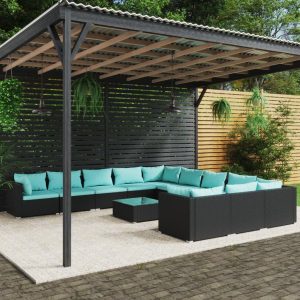 Set mobilier de grădină cu perne, 12 piese, negru, poliratan
