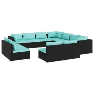 Set mobilier de grădină cu perne, 11 piese, negru, poliratan