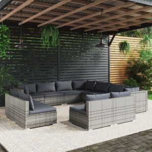 Set mobilier de grădină cu perne, 11 piese, gri, poliratan